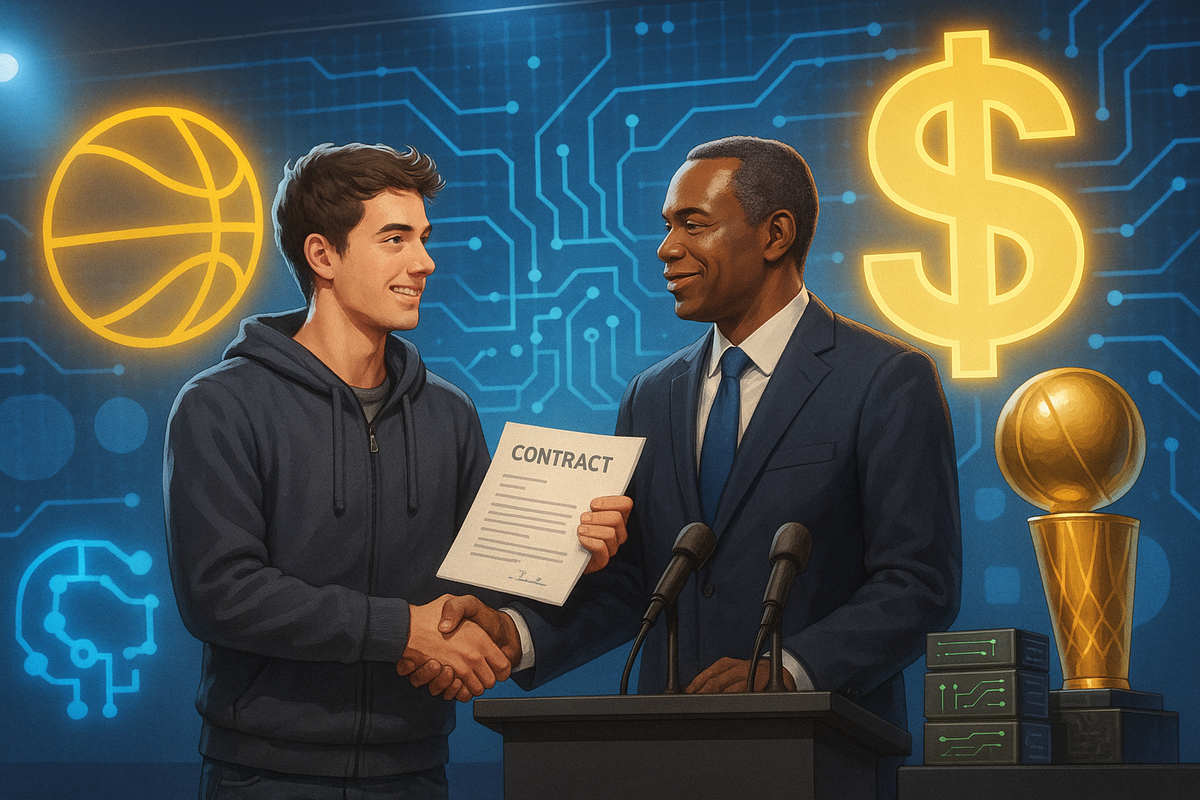 Молодой исследователь ИИ в худи пожимает руку топ-менеджеру на пресс-конференции; рядом сияют символы баскетбола, доллара и нейросетей, подчёркивая «звёздные» контракты в новой гонке за таланты.