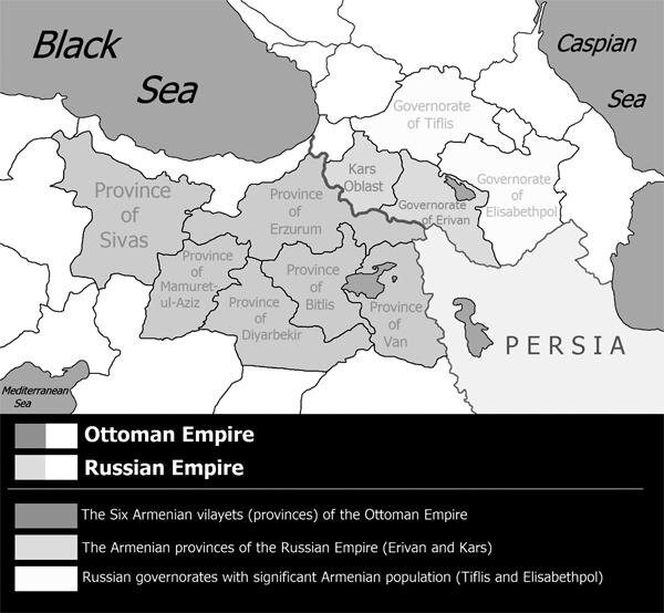 Карта раздела Великой Армении между Османской и Персидской империями (отдельно выделены шесть западных армянских провинций и восточные области, отошедшие к России в XIX веке)