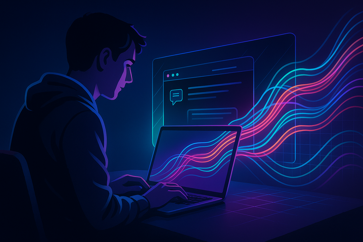 Разработчик тестирует чат-LLM прямо в браузере, а светящиеся «потоки» WebGPU визуализируют быструю локальную обработку модели.