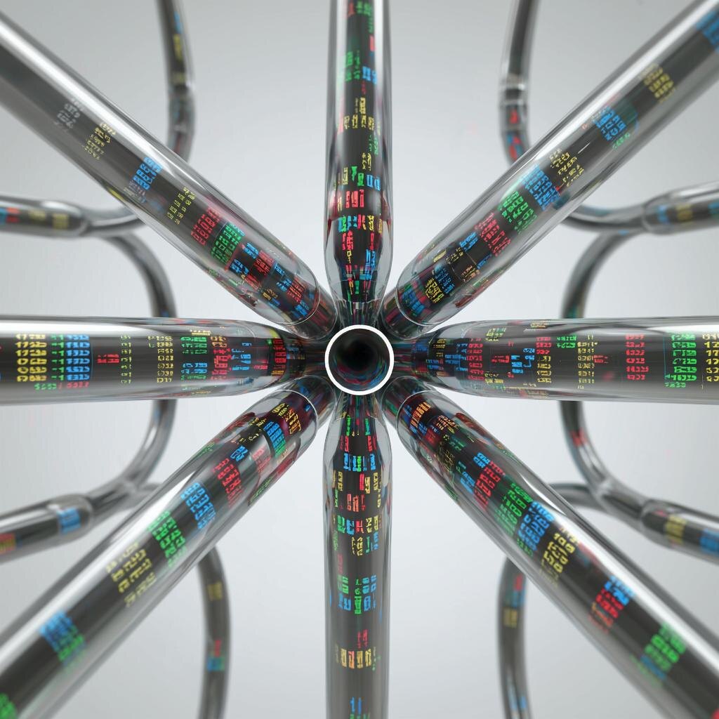 Представлены несколько тонких трубопроводов, символизирующих физические каналы связи. Эти трубы постепенно объединяются в одну широкую магистраль, показывая увеличение пропускной способности и надежности при объединении нескольких каналов в один логический.