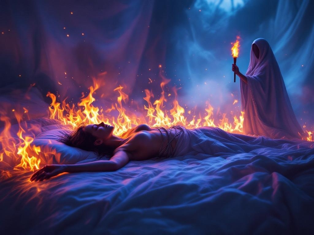    К чему такое снится: На картине изображен человек, связанный лежит на животе, вокруг него видны горящие оливковым маслом конечности. Рядом стоит человек с горелкой. В фоне огонь, но тело