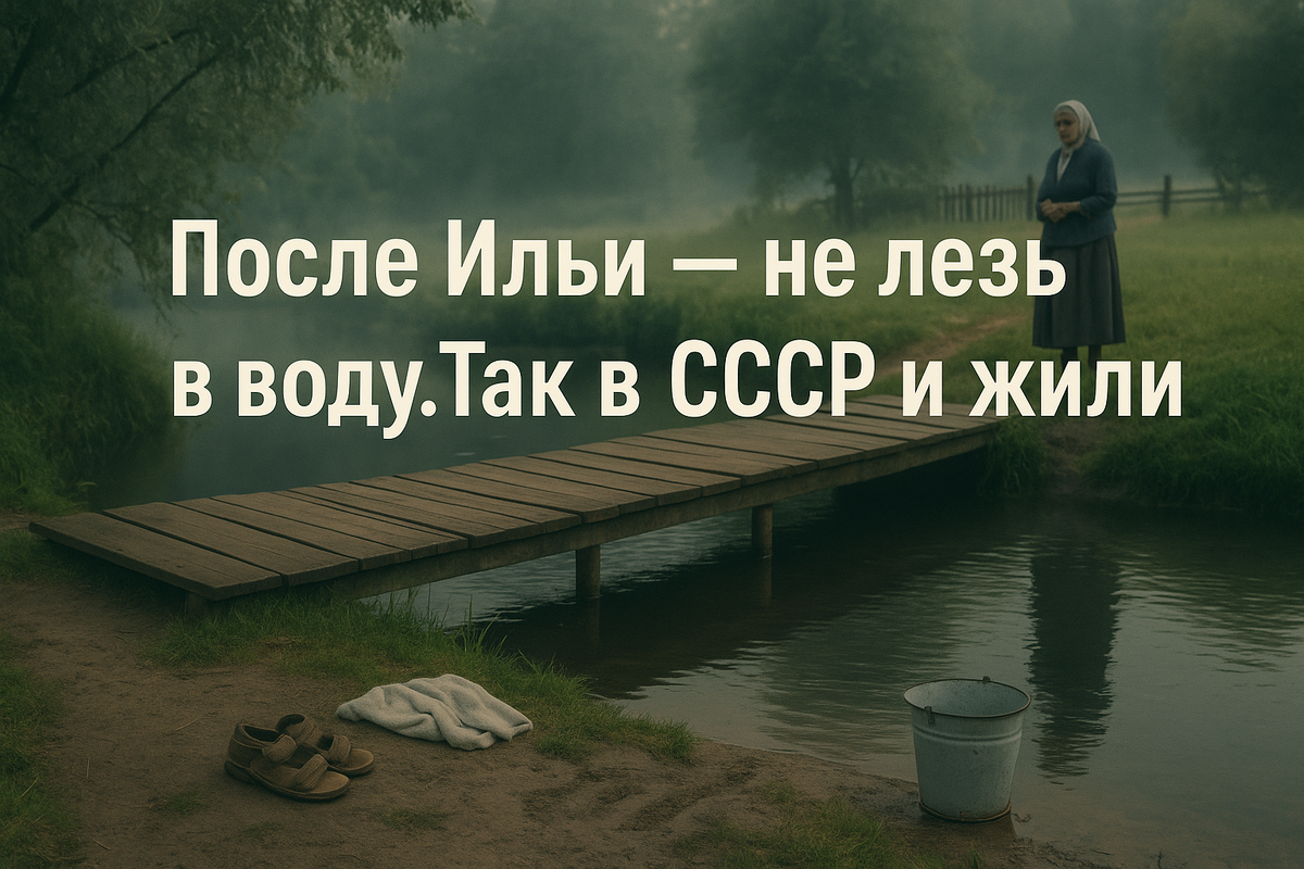 Ильин день в СССР. Мостик пуст, вода тёмная, на берегу забытые сандалии и полотенце — будто кто-то хотел искупаться, но передумал. Бабушка на другом берегу будто знает, почему. В этот день в Союзе не лезли в воду — боялись, верили, соблюдали. И в этом молчаливом запрете было что-то особенное.