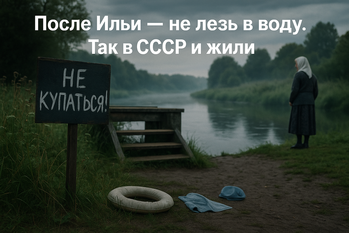 Ильин день. СССР. У речки пусто. На табличке — строгое «Не купаться!», рядом детские вещи, будто кто-то хотел, да передумал. На другом берегу — бабушка в платке, как хранительница старых правил. Мгновение — будто вырезано из прошлого, когда даже вода знала: после Ильи туда — нельзя.