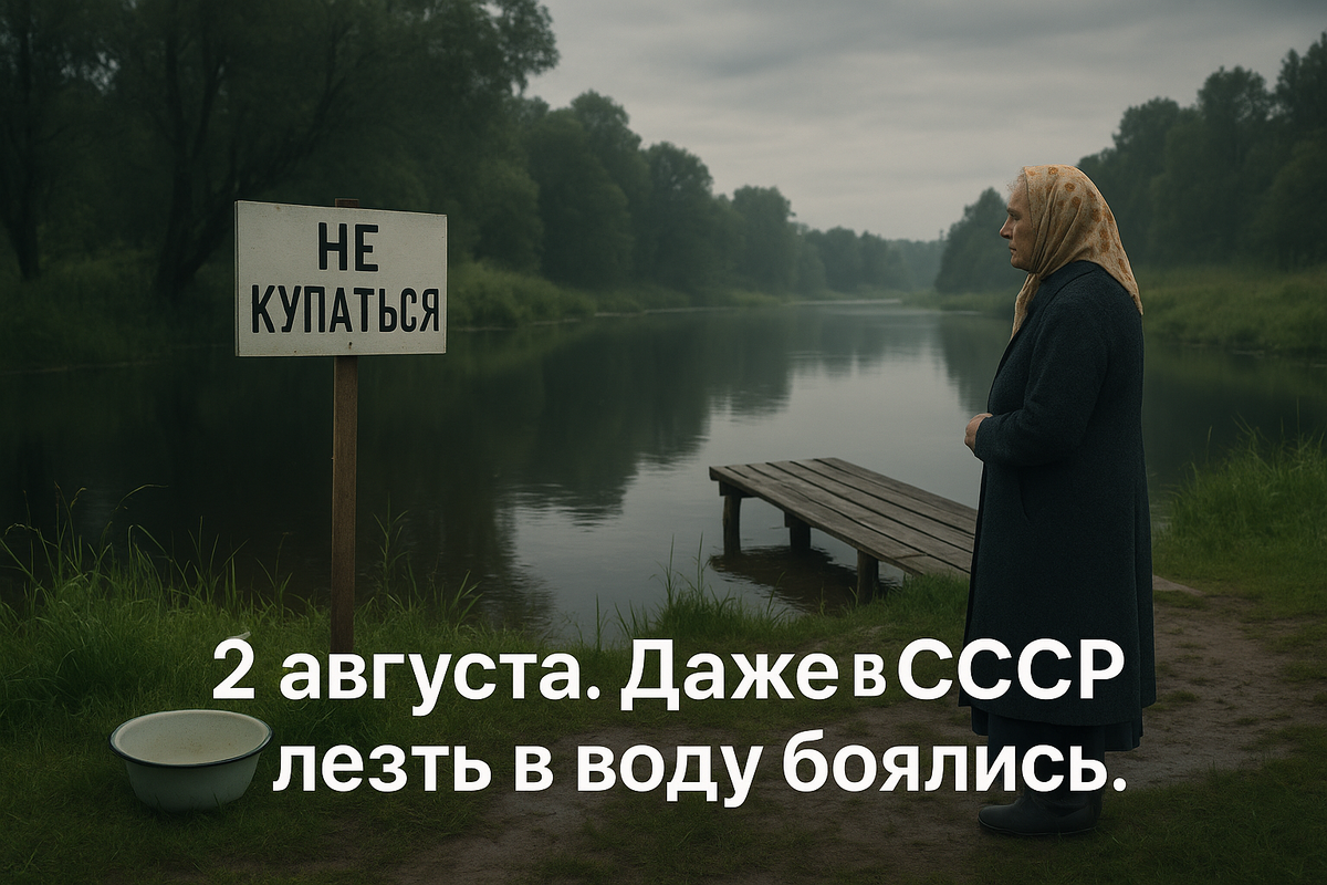 Ильин день, 2 августа. Табличка на берегу — «Не купаться». Вода тёмная и спокойная, воздух сырой после дождя. Бабушка в платке стоит молча, будто вспоминает детство, когда и верили, и боялись. Даже в СССР этот день чувствовался особенным — как будто сама природа говорила: остановись.
