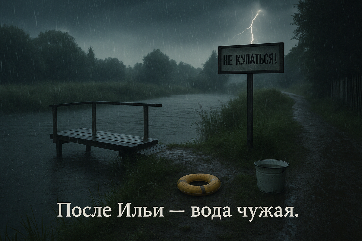 Гроза на Ильин день. Над рекой сверкает молния, дождь хлестает землю, на табличке строгое: «Не купаться!». Детский круг остался на берегу, рядом — забытое ведро. После Ильи — вода будто чужая, тревожная. Даже природа в этот день напоминала: в речку нельзя. И в СССР это знали без всякой религии.