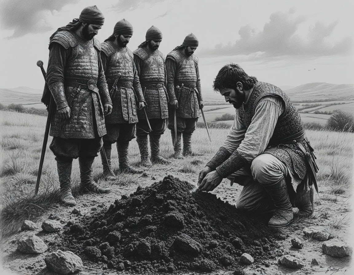 На холме с видом на Бурсу Осман-бей и его воины в молчаливой скорби хоронят своего молодого товарища, павшего в первом бою с рыцарями-латинянами.