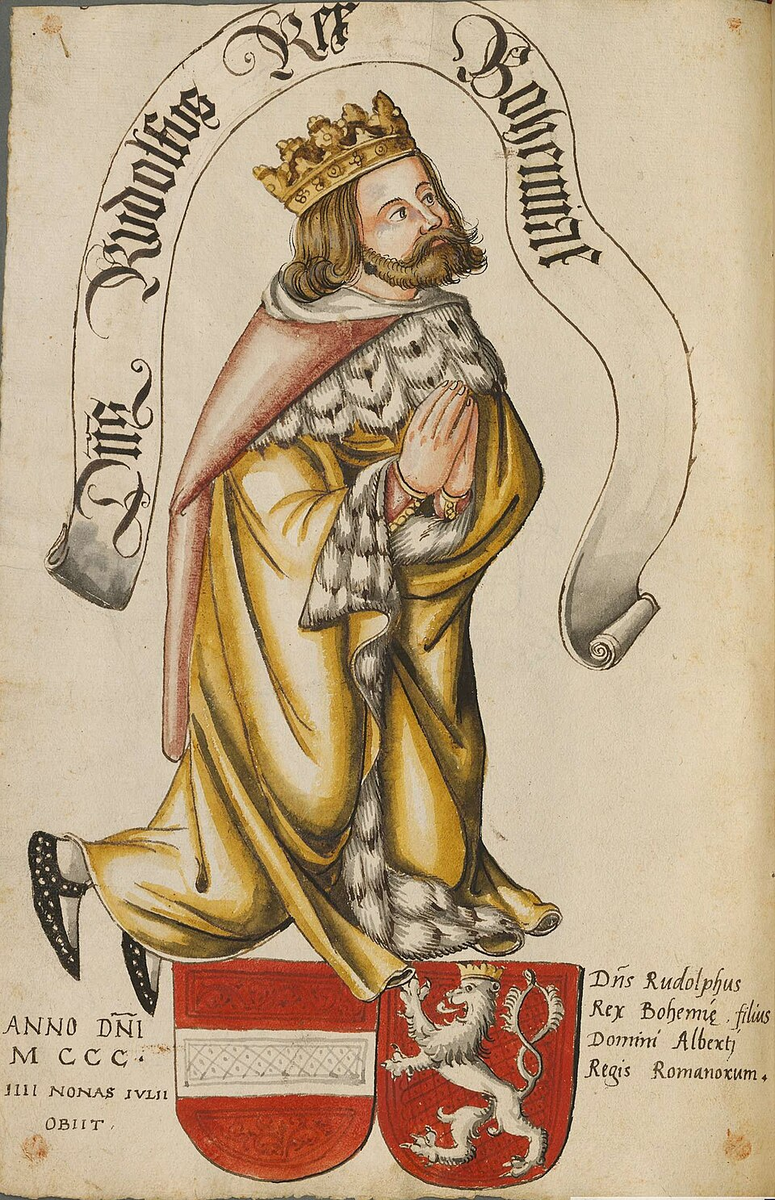 Рудольф Габсбург - на странице сердневековой летописи. Тут он как раз назван королем Чехии, под его фигурой - щиты с гербами Австрии и Чехии.