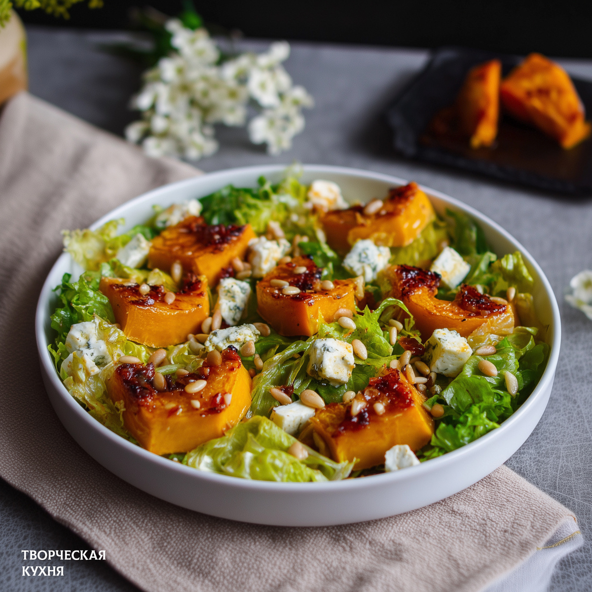 Ароматный салат с запечённой тыквой