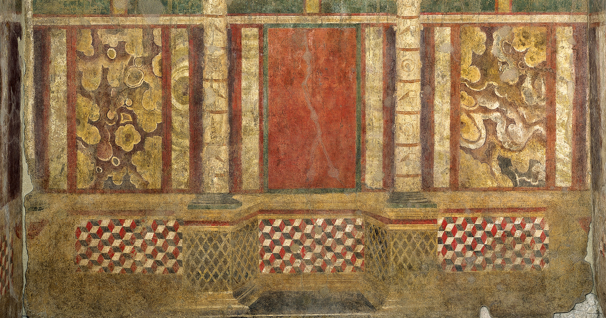 Дом Гриффинов в Риме
Эта резиденция на Палатинском холме располагает просторным залом, украшенным великолепными картинами в стиле помпейского Второго стиля, созданными с использованием киновари, гематита и рубрики.
Около 80 года до н. Рим, Casa dei Grifi.