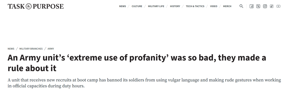 «Чрезмерное использование ненормативной лексики» в одном из армейских подразделений было настолько отвратительным, что на этот счёт было принято специальное правило.
Подразделение, принимающее новобранцев в учебном лагере, запретило своим солдатам использовать нецензурную брань и делать грубые жесты при исполнении служебных обязанностей.