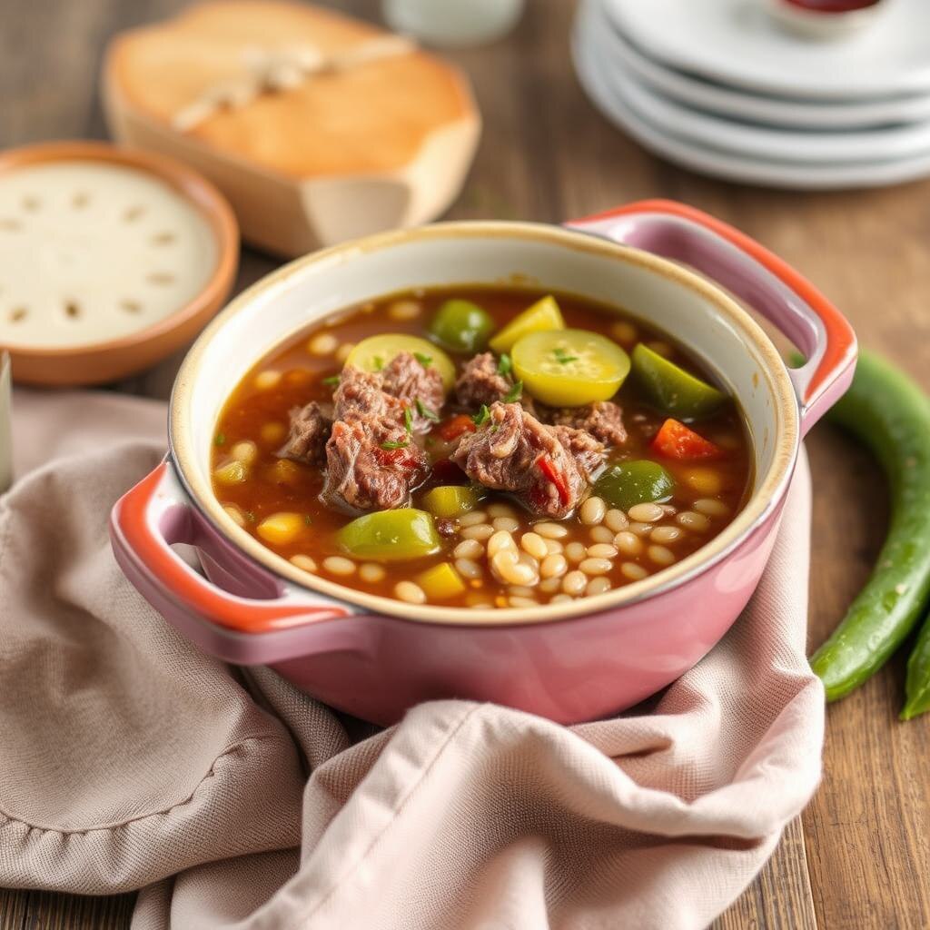 Традиционный рассольник с говядиной, перловкой и солёными огурцами