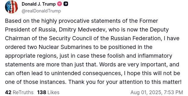    Скриншот сообщения Трампа в соцсети Truth Social