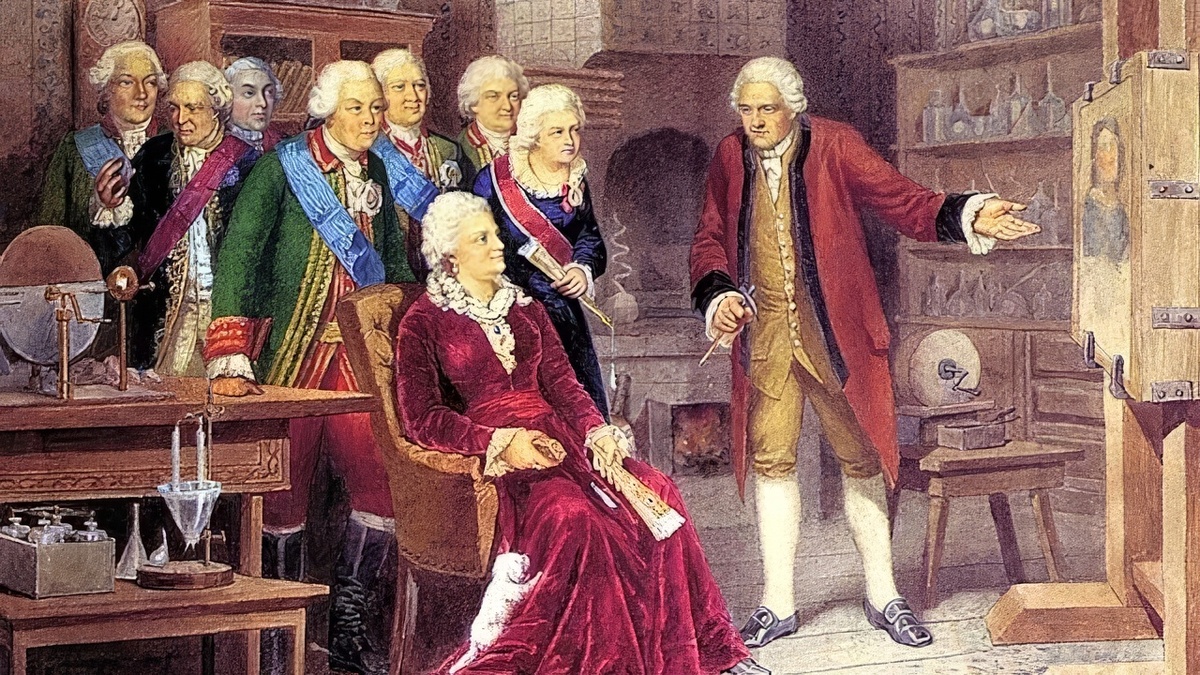 «Ломоносов показывает Екатерине II в своем рабочем кабинете собственные мозаичные работы». Рисунок А. Кившенко, 1890 год