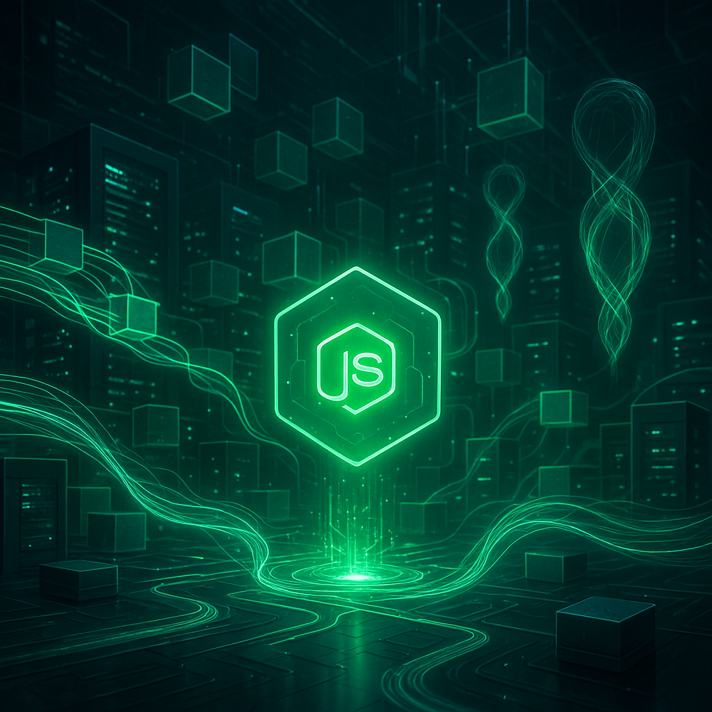 Футуристический дата-центр: в центре светится шестигранное «ядро» Node.js, от которого расходятся изумрудные потоки данных, связывающие модульные кубы и полупрозрачные «нити» параллельных воркеров, подчёркивая новые возможности платформы в 2025 году.