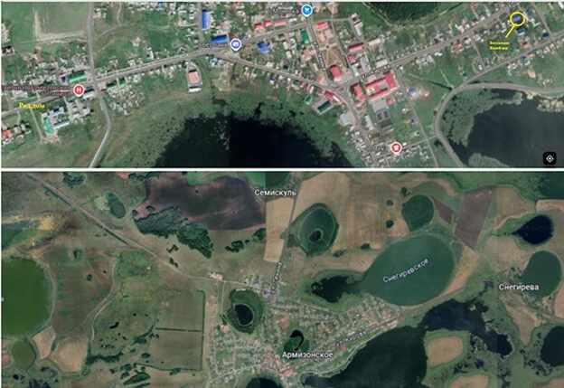 Рис.1. Спутниковый вид с. Армизонское среди озер