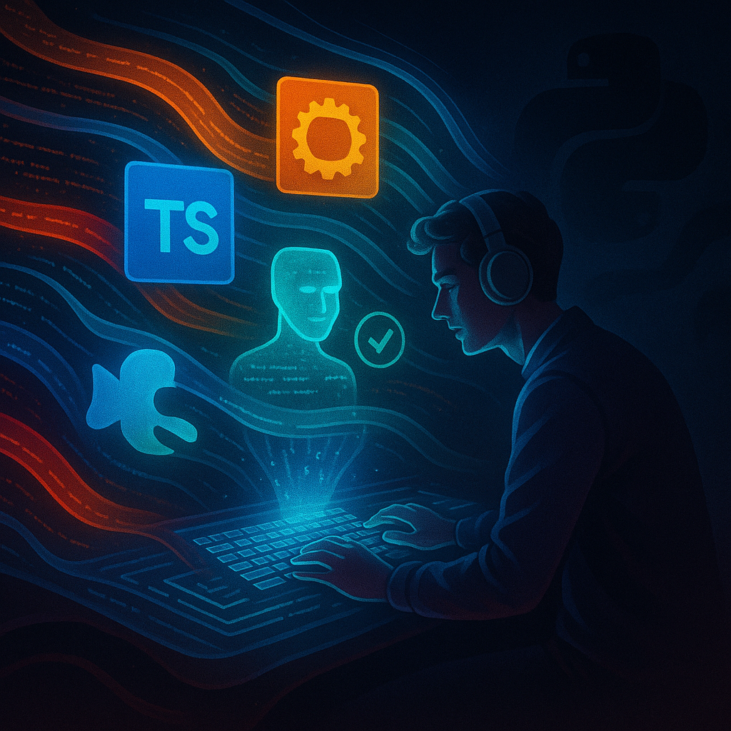 Футуристический разработчик за голографической клавиатурой: яркие потоки кода образуют сияющие иконки TypeScript, Rust и Go, которыми «руководит» светящийся ИИ-ассистент; в тени угадывается призрачная змея Python — намёк на смену парадигмы к типизированным языкам в эпоху vibecoding.