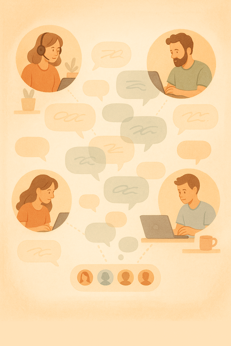 Тёплая пастельная сцена видеочата: четыре удалённых коллеги в круглых окнах, между ними «порхают» безтекстовые пузырьки-сообщения и пунктирные линии, а внизу аккуратно выстроены аватарки личных каналов — визуальный намёк на уютные «Ramblings», которые заменяют кулерные разговоры в онлайн-команде.