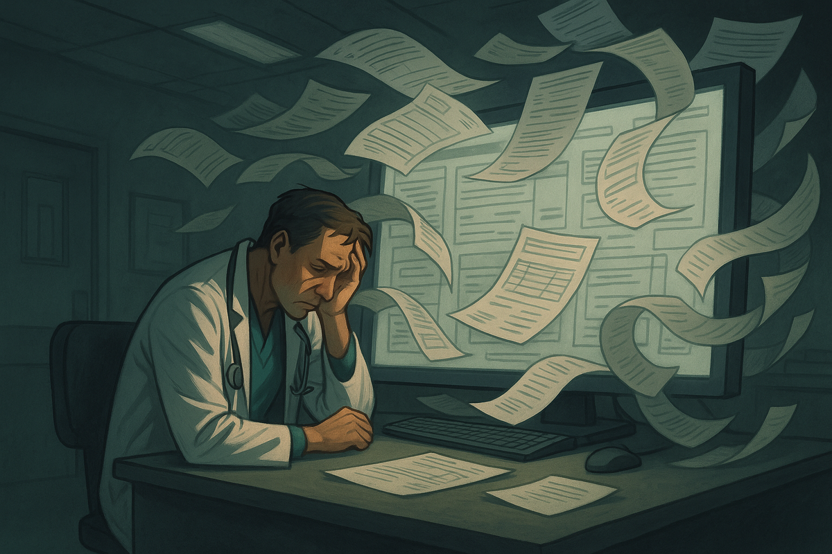 Уставший врач в полутёмном кабинете склонил голову над столом, а из сияющего экрана вылетают бесконечные медицинские формы — образ того, как электронные системы превращают лечение в изматывающий бюрократический конвейер.