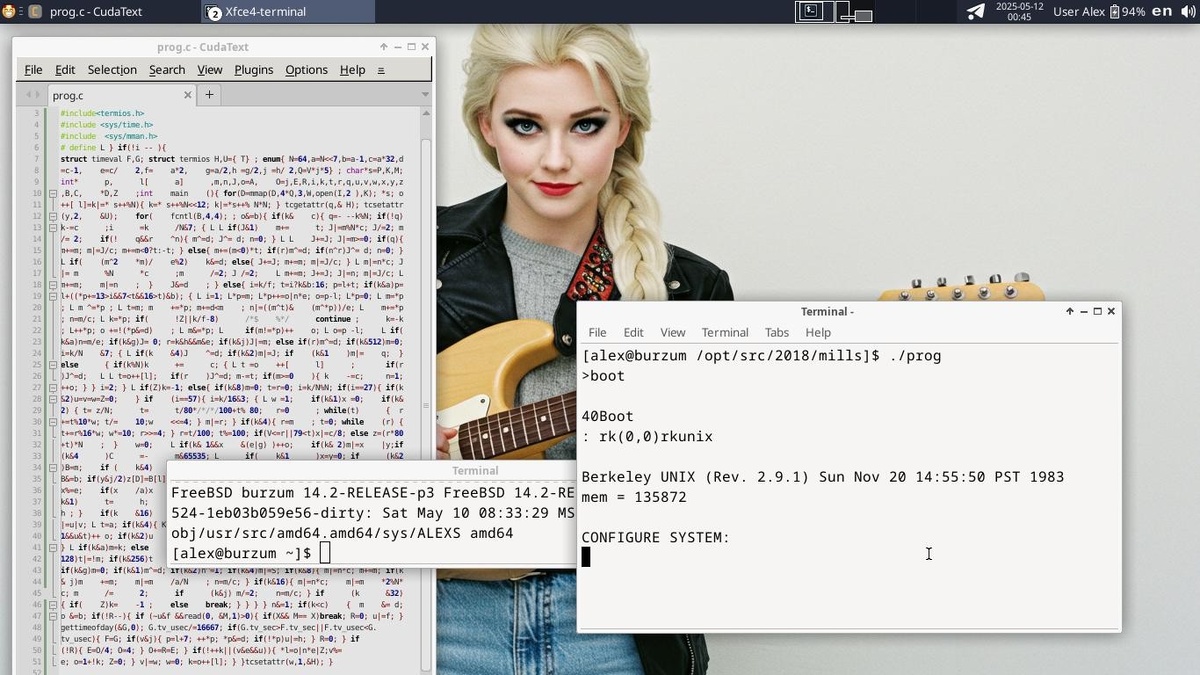 Слева исходный код, справа - в работе. Глаза вам не врут, это действительно одна из ранних версий BSD в эмуляции. 1983й год.
