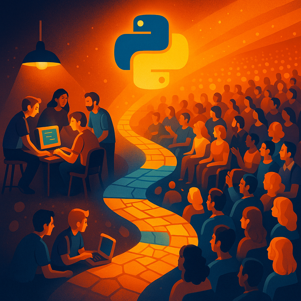 Из тёпло освещённой комнатки с четырьмя энтузиастами и древним монитором «выползает» булыжная дорожка, ведущая к огромному залу PyCon, заполненному яркой разношёрстной аудиторией; над путём сияет эмблема Python — путь маленькой группы к глобальному сообществу.