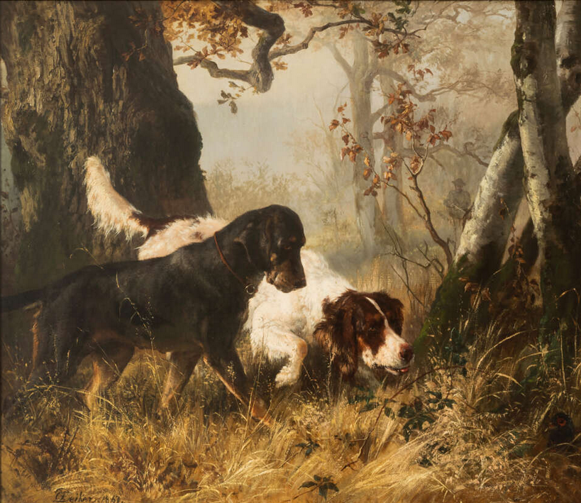 Картина Карла Фридриха Дейкера «Две охотничьи собаки в лесу» (1867)