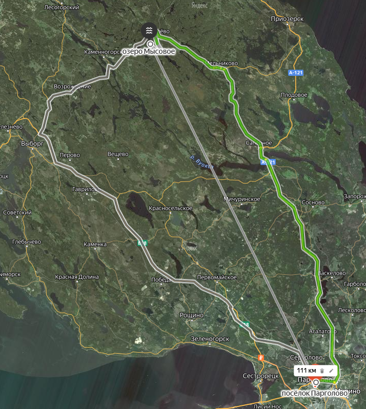 Маршрут и расстояние до озера Мысовое.