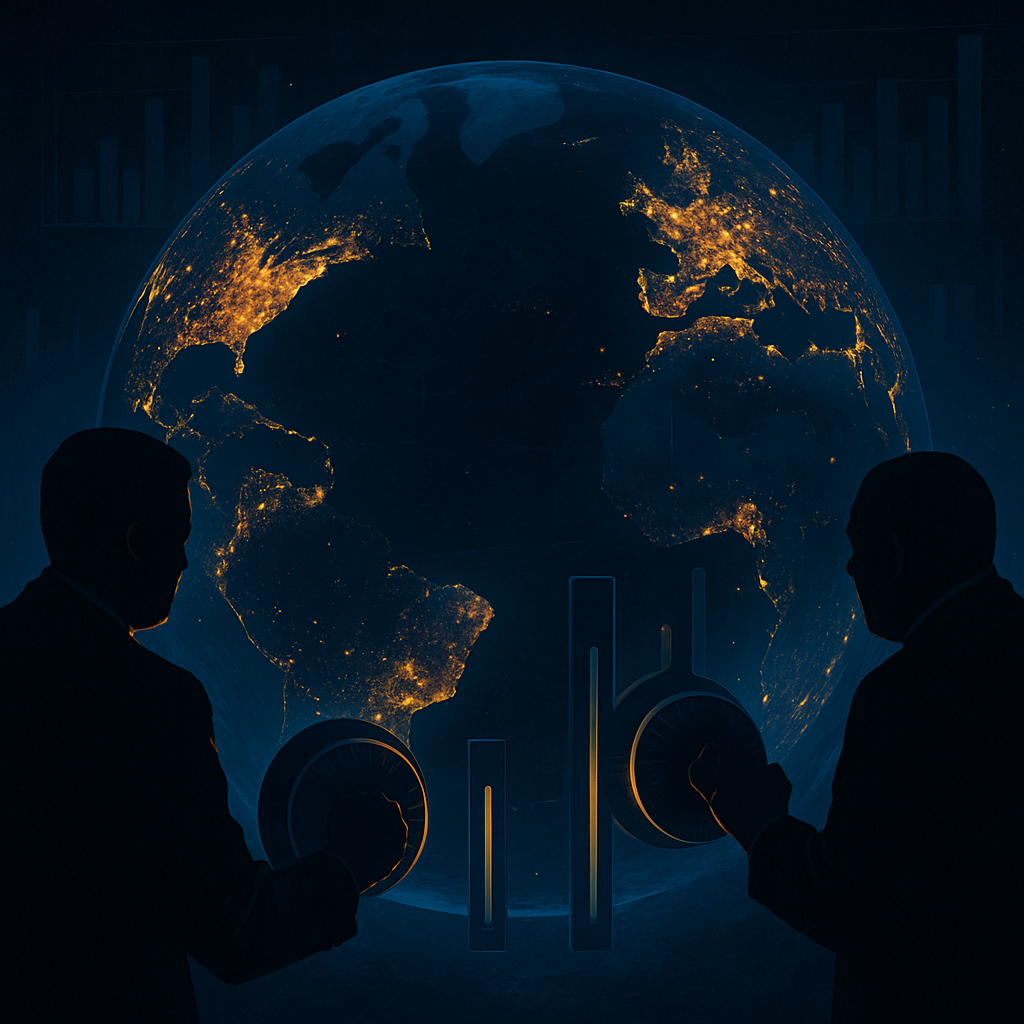 Земля в свете спутниковой ночной съёмки; два тёмных силуэта крутят гигантские «диммеры», усиливая и приглушая огни городов — аллегория того, как авторитарные лидеры «накручивают» показатели экономического роста.