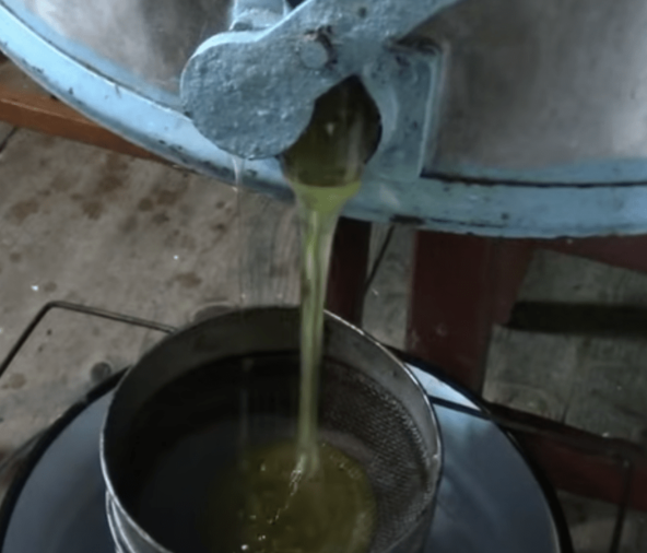 Сливаем мед с медогонки в сито, он фильтруется