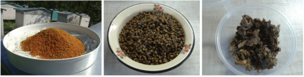 Пыльца, перга, прополис (слева направо)