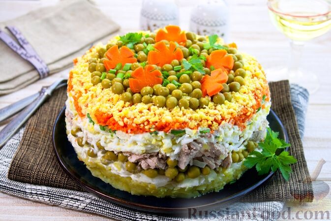 картофель, горошек зелёный консервированный, мясо, яйца, лук зелёный, морковь, перец чёрный молотый, майонез, лук репчатый, лавровый лист, зелень петрушки, уксус, сахар, соль, вода