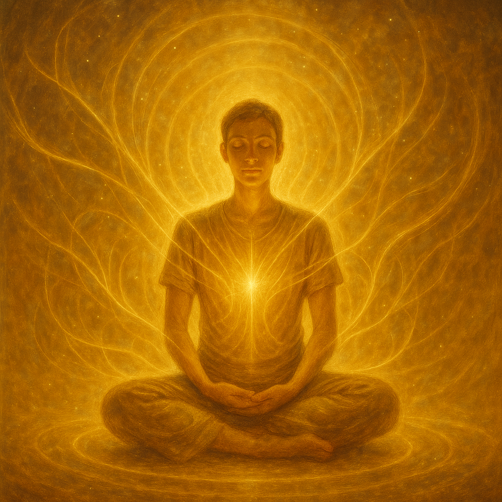 Медитирующий человек в потоках целительной энергии и золотого света