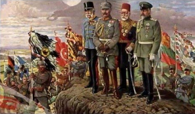 Болгарский царь Фердинанд I (на переднем плане) в душевной компании немецкого, австрийского и турецкого коллег на фоне боевых знамен, 1915-й год, у "Центрального блока" пока все идет неплохо... Ненадолго.