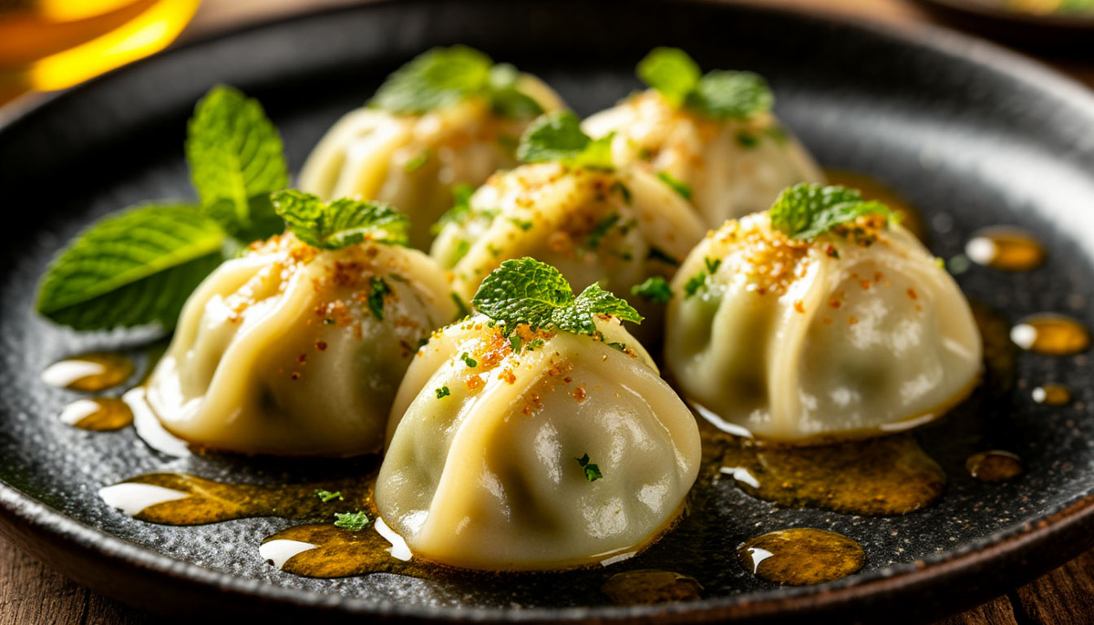 Традиционные афганские пельмени манту с йогуртовым соусом и мясной начинкой крупным планом