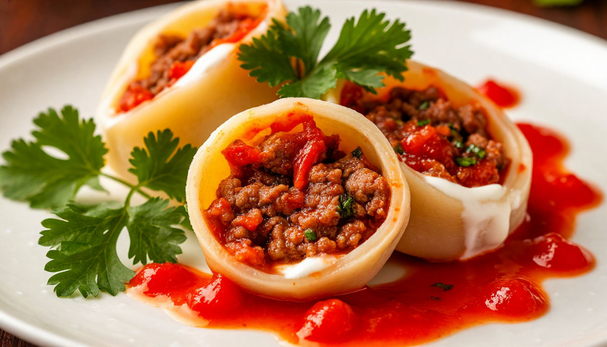 Сочная начинка афганских манту с говядиной и специями в разрезе на тёмном фоне