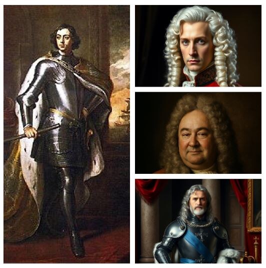 Ближайшее окружение Петра I. Коллаж: портрет царя основан на историческом изображении, портреты его сподвижников выполнены с опорой на сохранившиеся данные и гравюры эпохи. Не является фотографией реальных людей