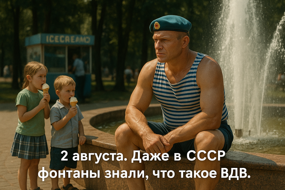 Летний советский парк, у фонтана — десантник в тельняшке, рядом дети с мороженым. Атмосфера праздника без пафоса: шум, смех и уважение к ВДВ.