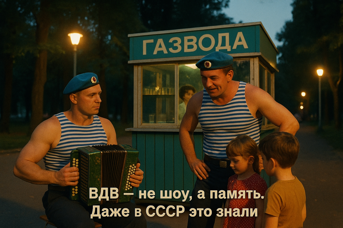 Вечер у киоска «Газвода»: десантник играет на гармошке, второй показывает детям медаль. Тёплая сцена про уважение и преемственность — что для многих значил День ВДВ.