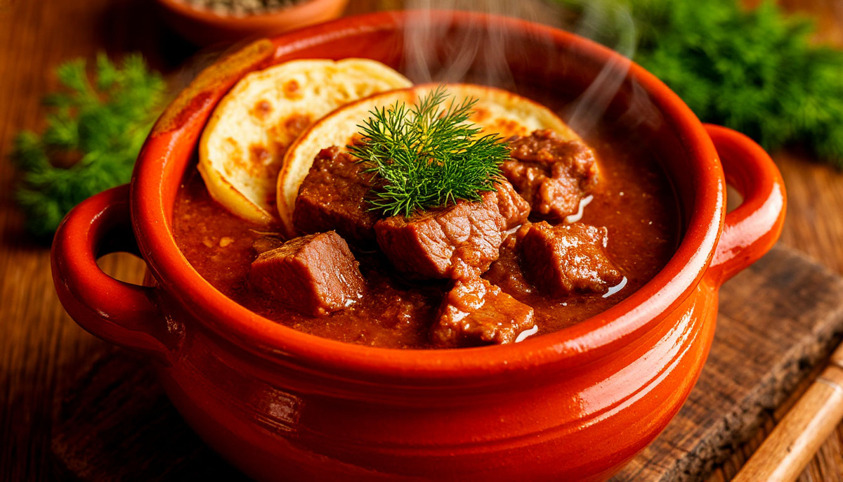 Аутентичная белорусская мочанка с блинами и копчёным мясом в традиционной посуде