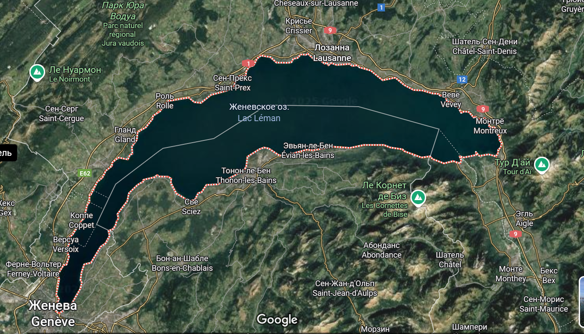 Так выглядит озеро Леман на спутниковой карте Гугл