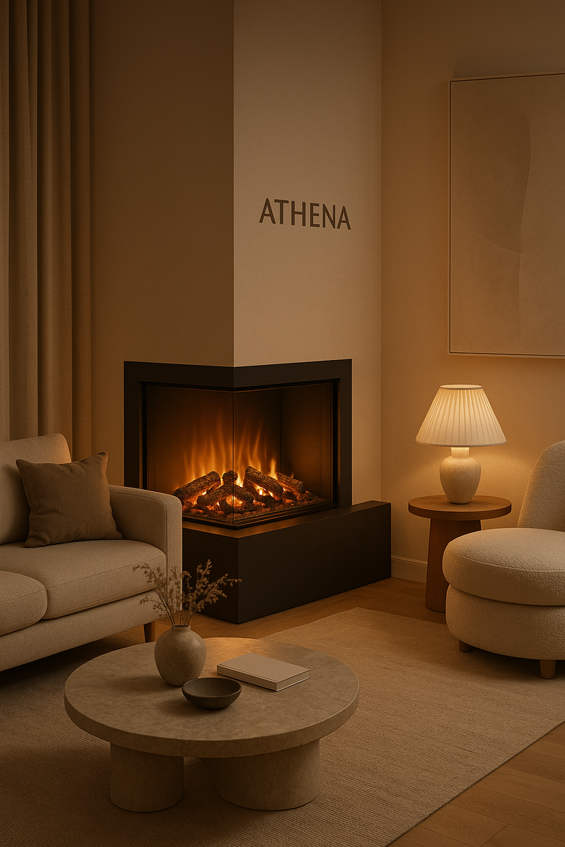    Как электрический угловой камин «Афина» с 3D очагом Panoramic 25 превращает ваш дом в уютное убежище и защищает от зимних холодов Kamin