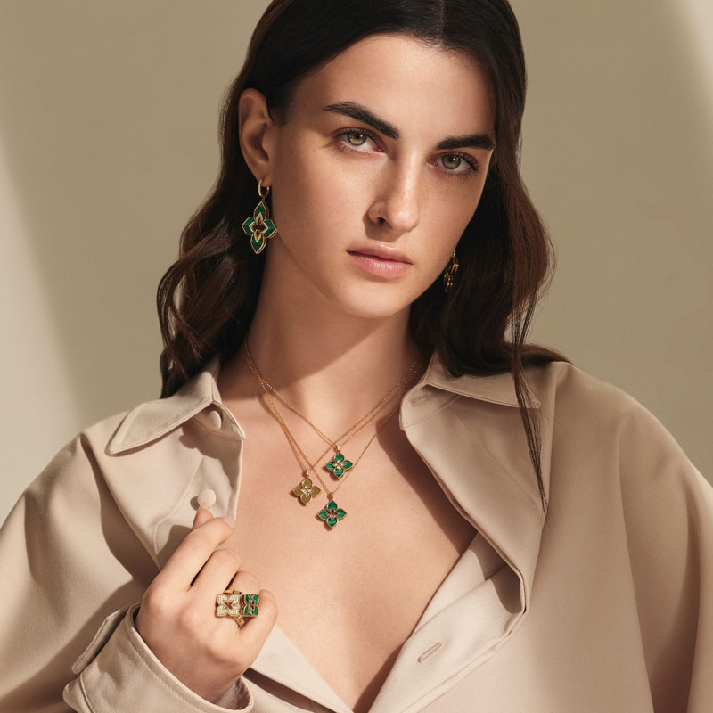 Украшения Roberto Coin Venetian Princess из желтого золота с малахитом и рубинами