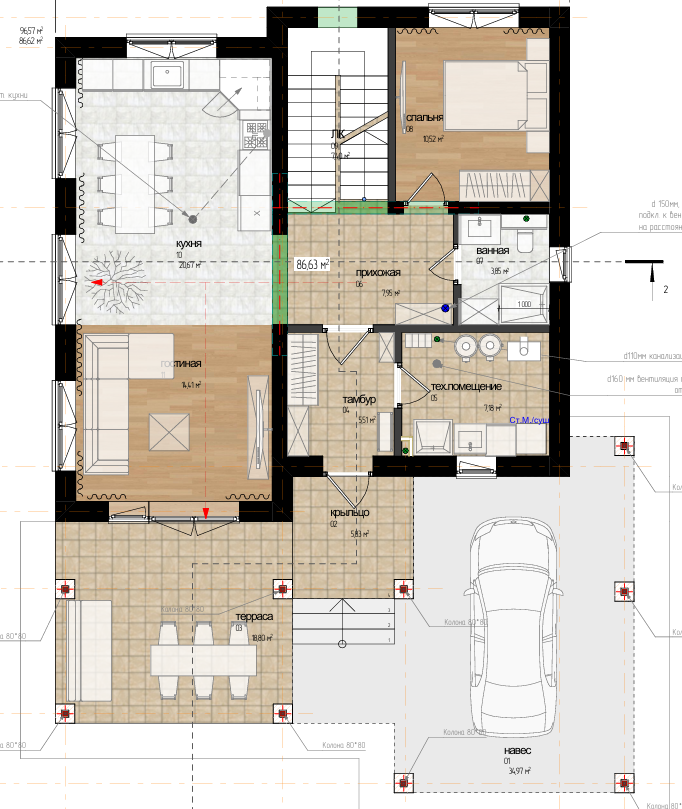 План первого этажа дома площадью 136,8 м2