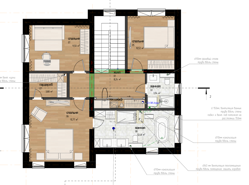План второго этажа дома площадью 136,8 м2