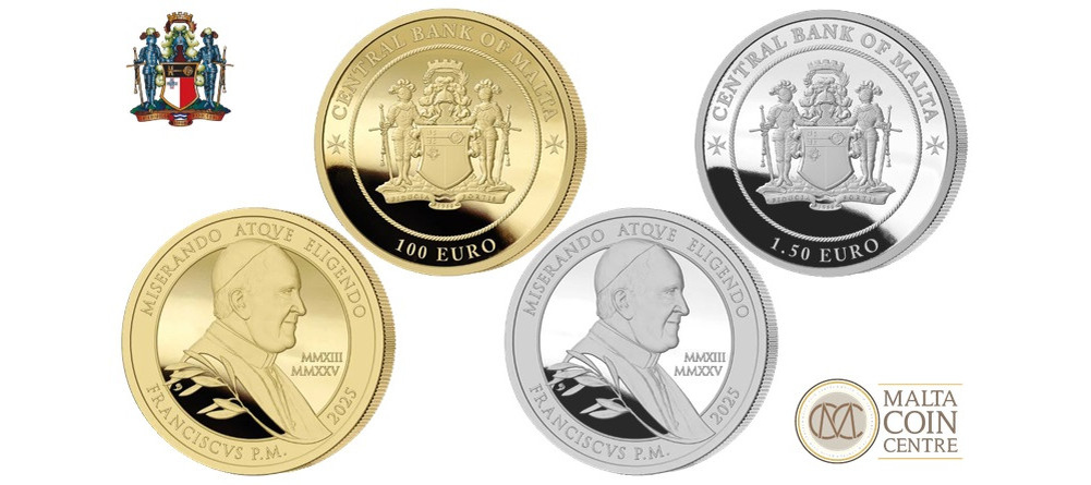    Памятные монеты с профилем Папы Франциска и гербом Центрального банка Мальты