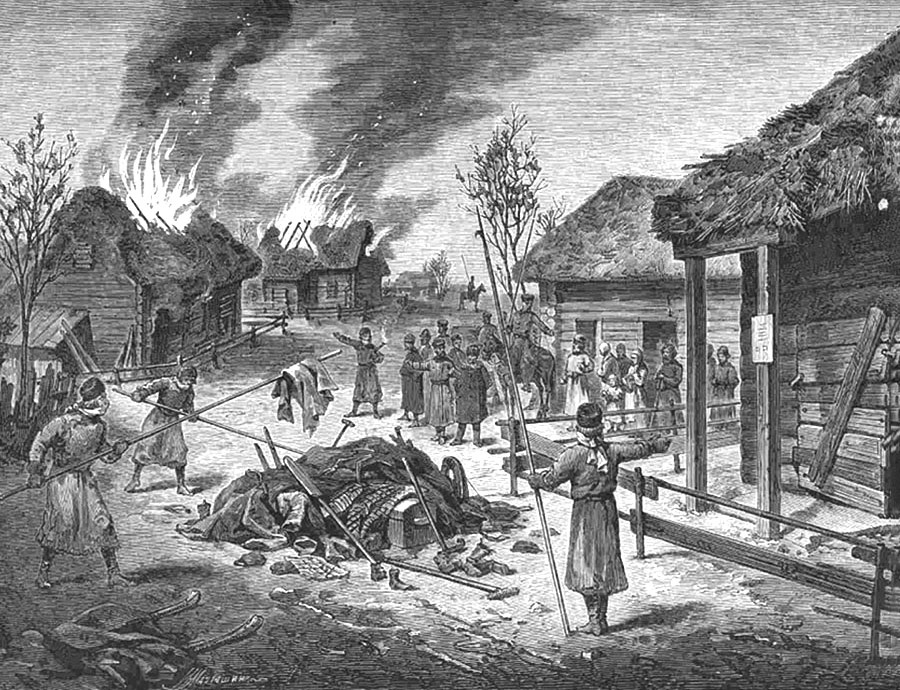Чума в Астраханской губернии. Сожжение домов и вещей в селе Никольском. Гравюра И. Матюшина / Всемирная иллюстрация № 533