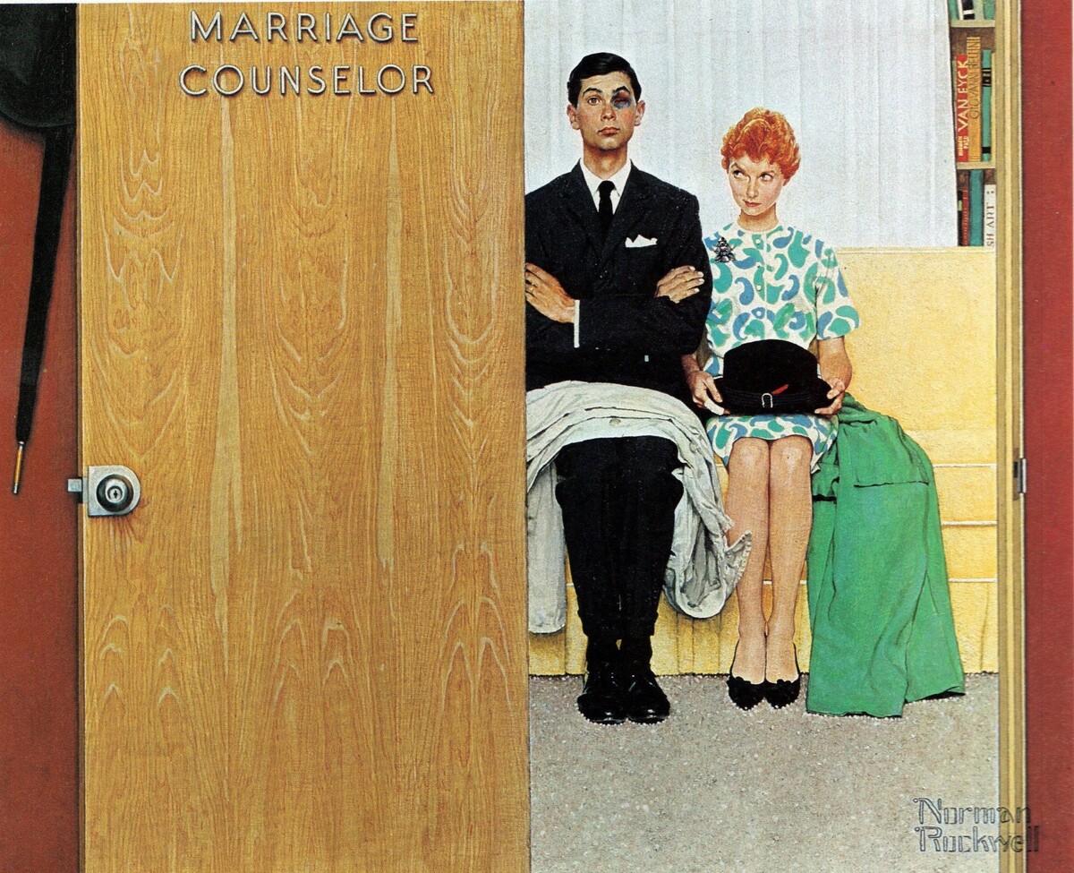 Норман Роквелл, «Консультант по браку». 1963 год. Холст, масло. 51 × 31см  Музей Нормана Роквелла. Стокбридж, Массачусетс, США. 