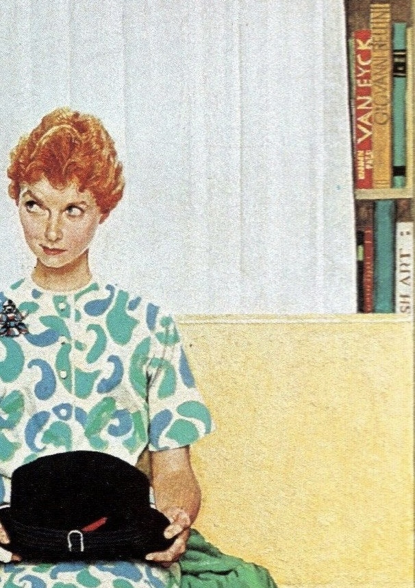 Верим в раскаяние американской хорошенькой миссис из среднего класса? Что вы видите, какую эмоцию?.. И, кстати, наш невидимый «консультант по браку» - большой любитель живописи, посмотрите на толстые альбомы по искусству на его полках:  Ван Эйк, Джованни Беллини- итальянское и Северное Возрождения. Или - тонкий намёк на то, что, с помощью специалиста, вашу семью и отношения непременно ожидает ренессанс? 