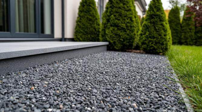 Тёмно-серая крошка гармонично сочетается с облицовкой фундамента и предотвращает разрастание сорняков