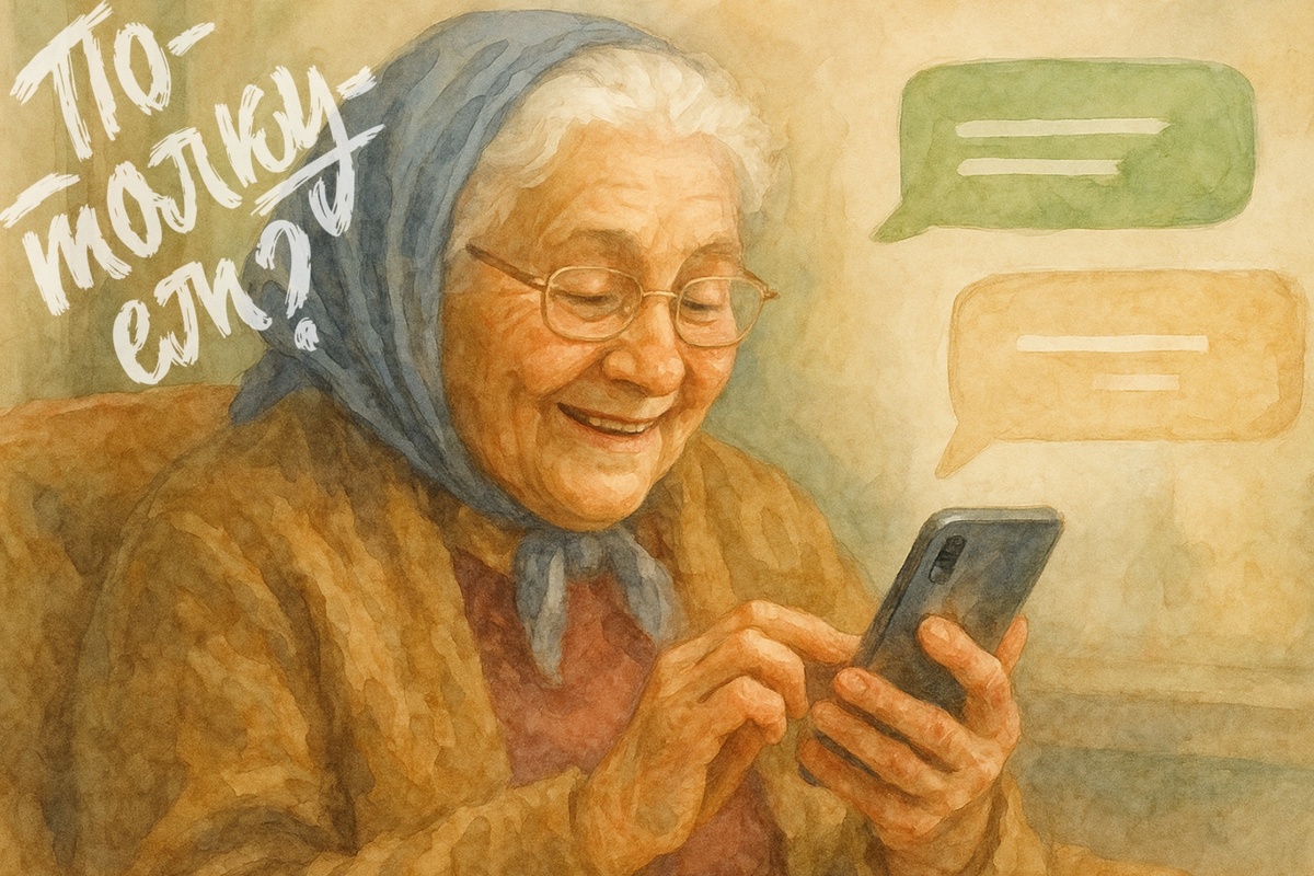 Бабушка улыбается, глядя в телефон и переписываясь в чате.