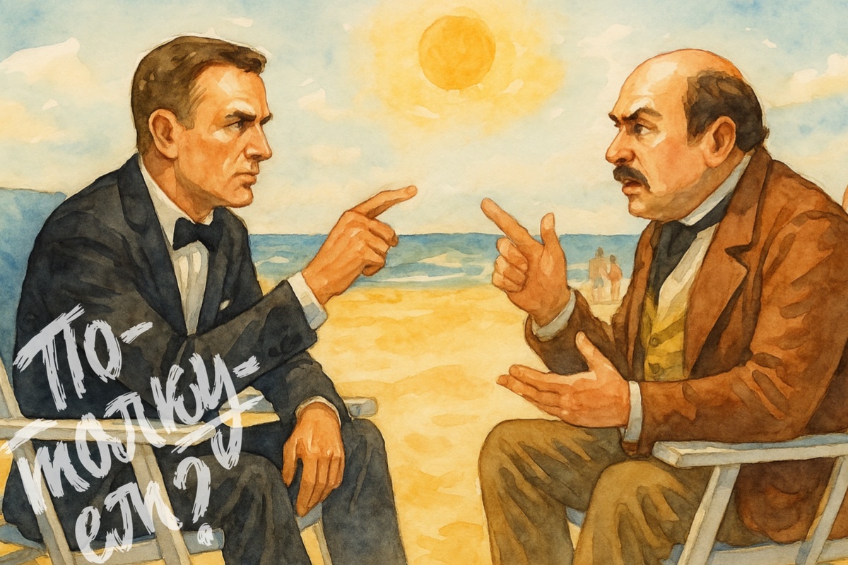 Бонд и Чичиков спорят на пляже, сидя на шезлонгах.